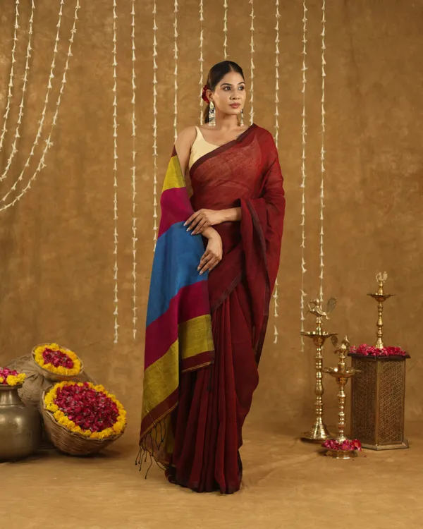 Maroon_Linen_Hand_Woven_Saree_For_Women
