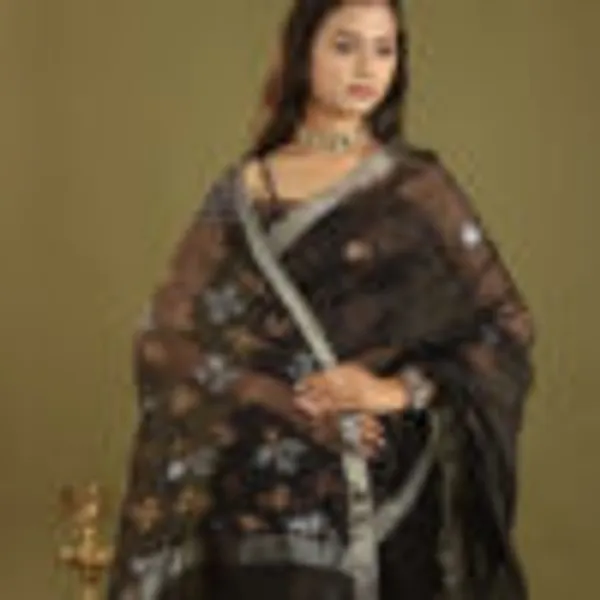 Black_Pure_Silk_Pure_Linen_Hand_Woven_Saree_For_Women