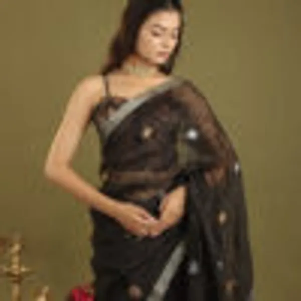 Black_Pure_Silk_Pure_Linen_Hand_Woven_Saree_For_Women