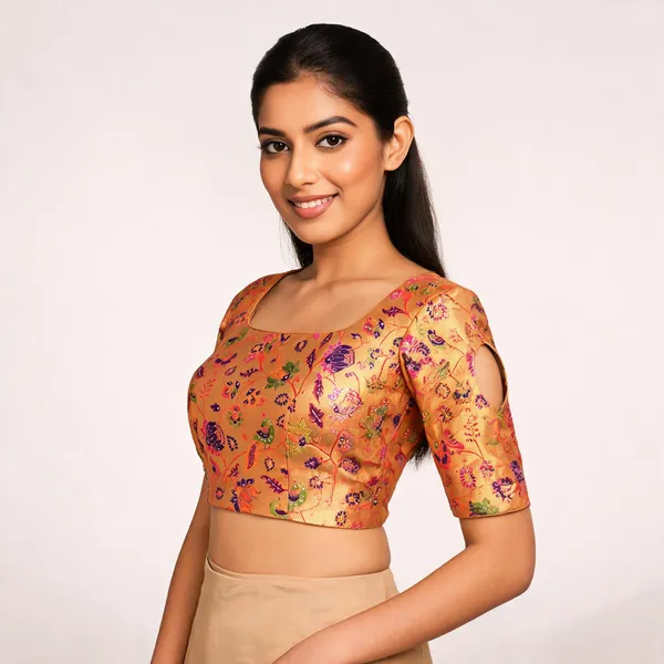 Orange_Silk_Floral_Print_Circular_Back_Cut-Out_Blouse_For_Women