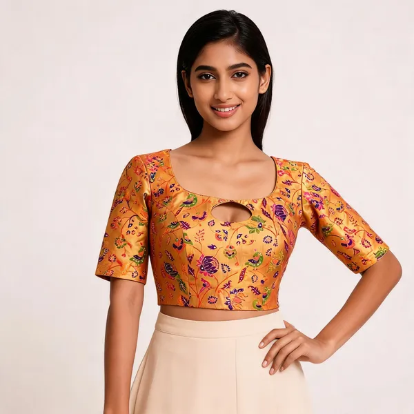 Orange_Silk_Floral_Print_Circular_Back_Cut-Out_Blouse_For_Women