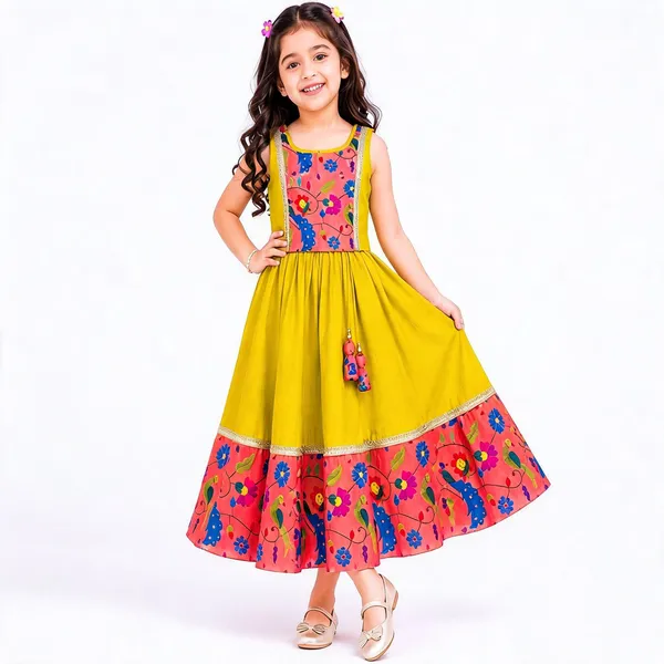 Yellow_Silk_Sleeveless_Floral_Print_Anarkali_For_Girls