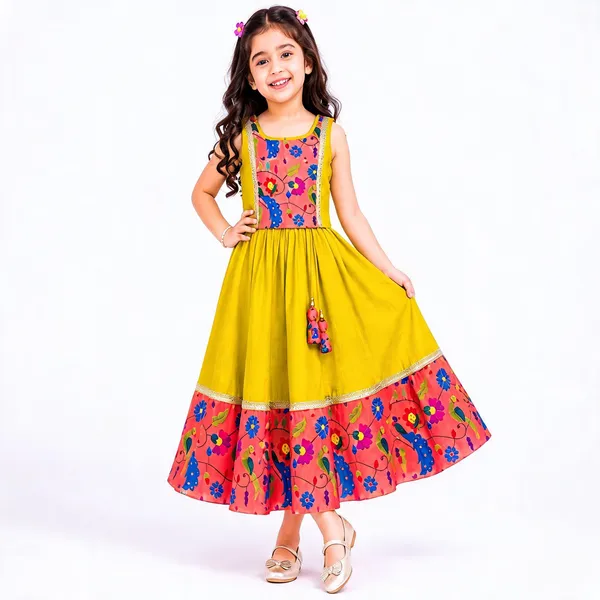 Yellow_Silk_Sleeveless_Floral_Print_Anarkali_For_Girls