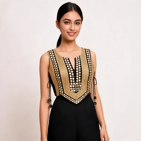 Gold_Silk_Mirror_Work_Embellished_Sleeveless_Blouse_For_Women