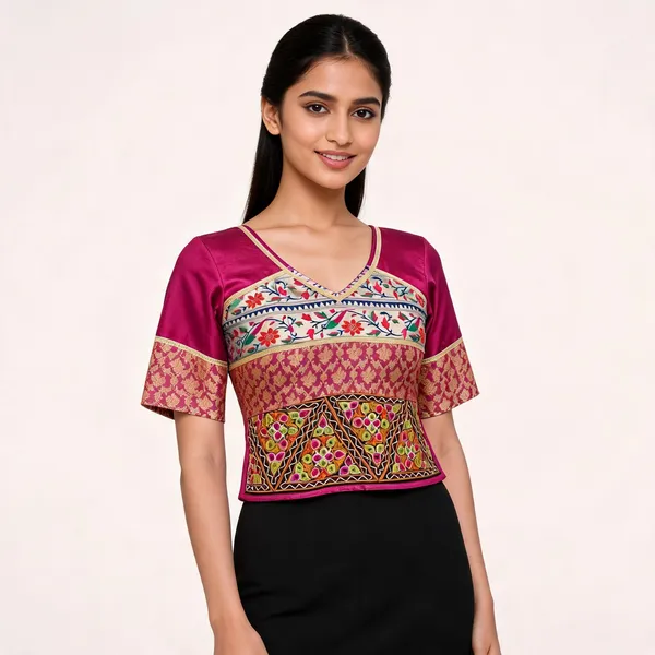 Magenta_Silk_Kutchi_Embroidered_Floral_Print_Blouse_For_Women