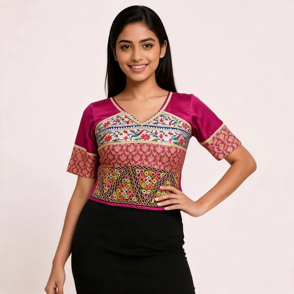 Magenta_Silk_Kutchi_Embroidered_Floral_Print_Blouse_For_Women