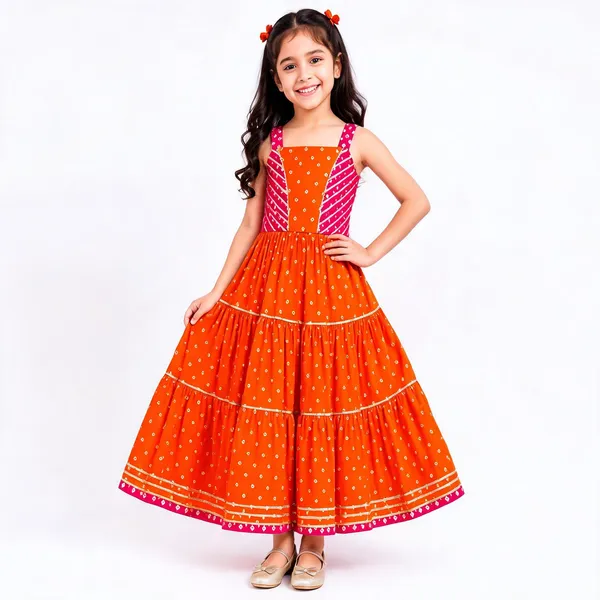 Orange_Silk_Printed_Tiered_Gown_For_Girls