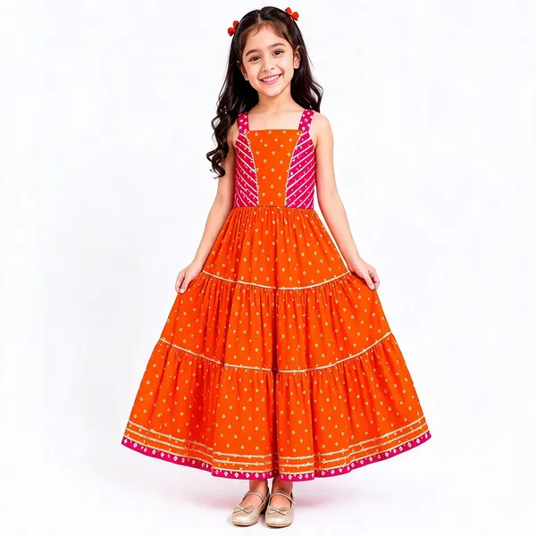 Orange_Silk_Printed_Tiered_Gown_For_Girls