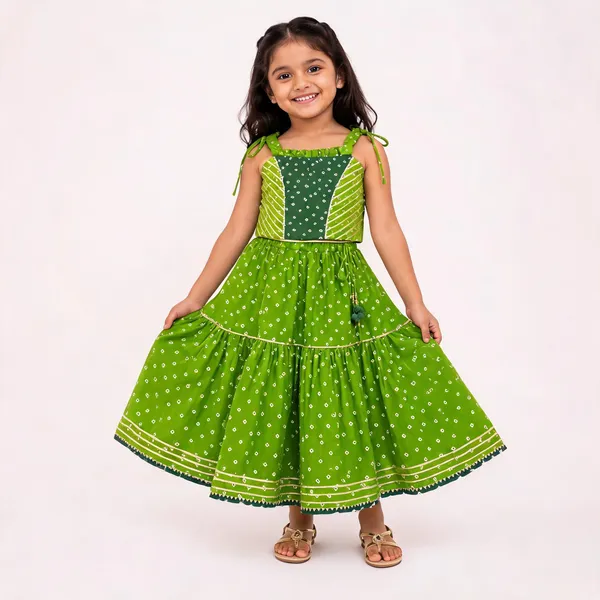 Green_Silk_Bandhani_Print_Tiered_Lehenga_Set_For_Girls