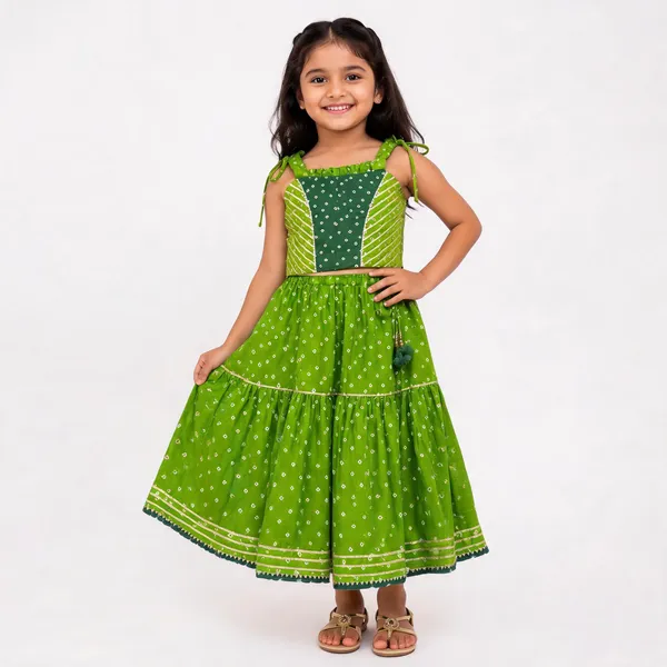 Green_Silk_Bandhani_Print_Tiered_Lehenga_Set_For_Girls