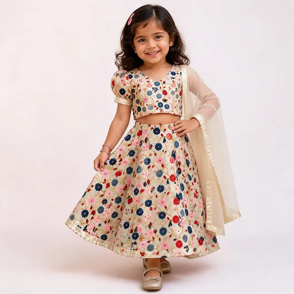 Beige_Silk_Floral_Print_Lehenga_Choli_Set_For_Girls