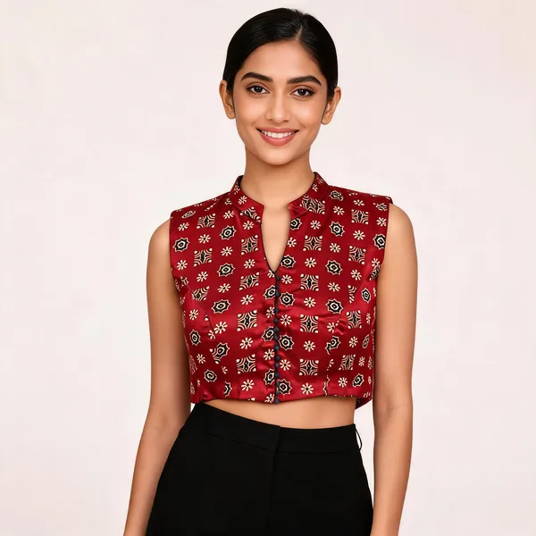 Red_Ajrakh_Floral_Print_Sleeveless_Blouse_For_Women