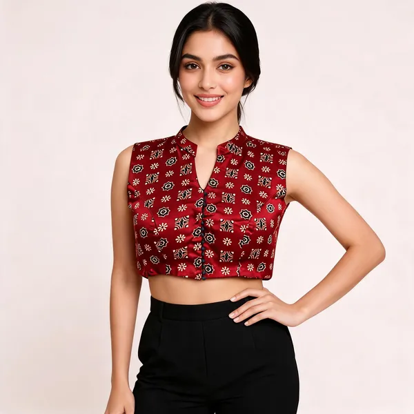 Red_Ajrakh_Floral_Print_Sleeveless_Blouse_For_Women