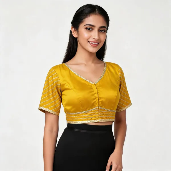 Yellow_Silk_V-Neck_Gota_Lace_Striped_Sleeve_Blouse_For_Women