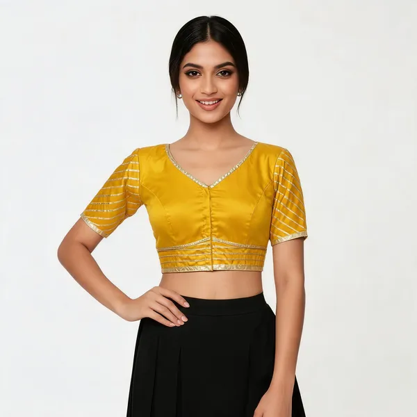 Yellow_Silk_V-Neck_Gota_Lace_Striped_Sleeve_Blouse_For_Women