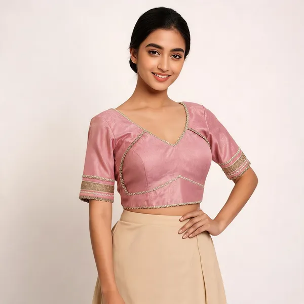 Pink_Silk_Embroidered_V-Neck_Blouse_For_Women