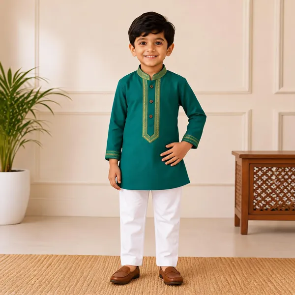 Teal_Green_South_Cotton_Embroidered_Kurta_Pajama_Set_For_Boys