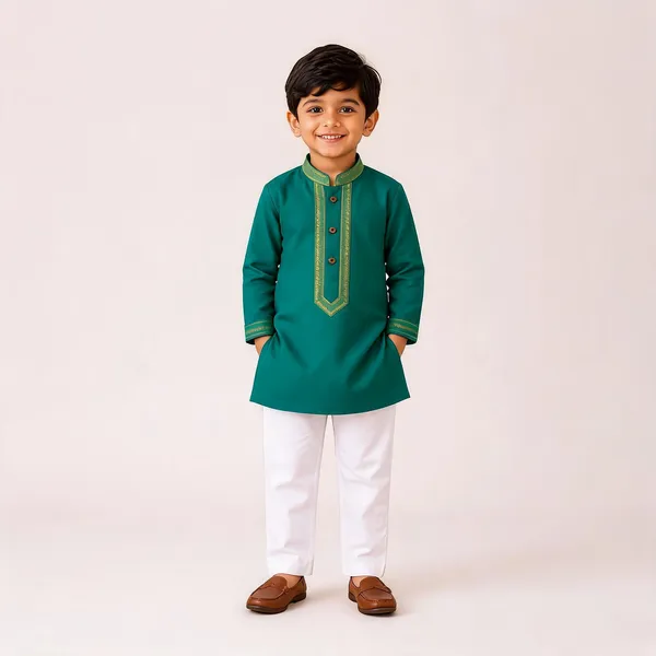 Teal_Green_South_Cotton_Embroidered_Kurta_Pajama_Set_For_Boys