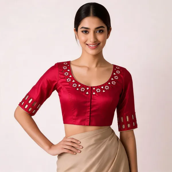 Red_Satin_Mirror_Work_Embroidered_Blouse_For_Women