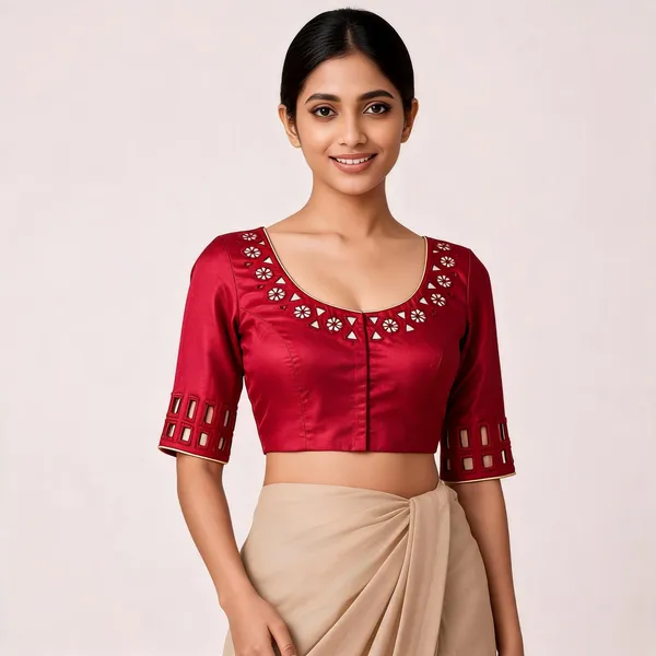 Red_Satin_Mirror_Work_Embroidered_Blouse_For_Women