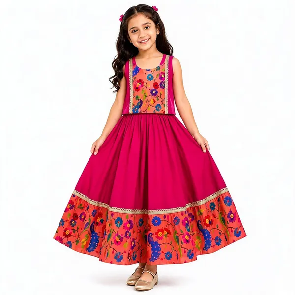 Pink_Silk_Sleeveless_Floral_Print_Anarkali_Gown_For_Girls