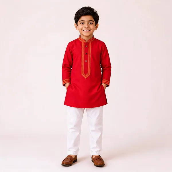 Red_South_Cotton_Embroidered_Kurta_Pajama_Set_For_Boys