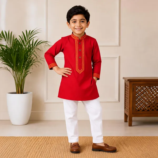 Red_South_Cotton_Embroidered_Kurta_Pajama_Set_For_Boys