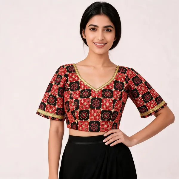 Red_Black_Brocade_Geometric_Print_V-Neck_Blouse_For_Women