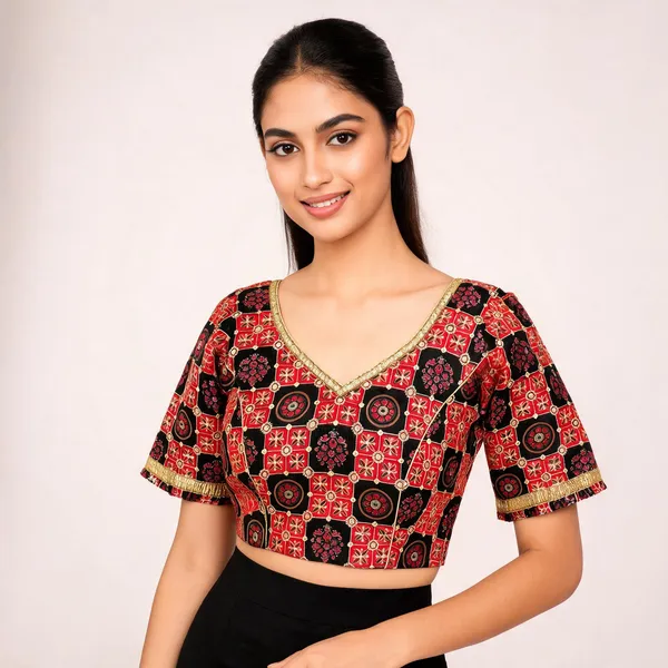 Red_Black_Brocade_Geometric_Print_V-Neck_Blouse_For_Women