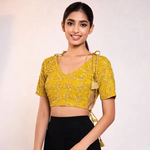 Yellow_Sequin_Embellished_V-Neck_Blouse_For_Women
