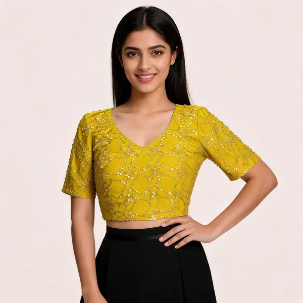 Yellow_Sequin_Embellished_V-Neck_Blouse_For_Women