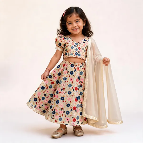 Beige_Silk_Floral_Print_Lehenga_Choli_Set_For_Girls