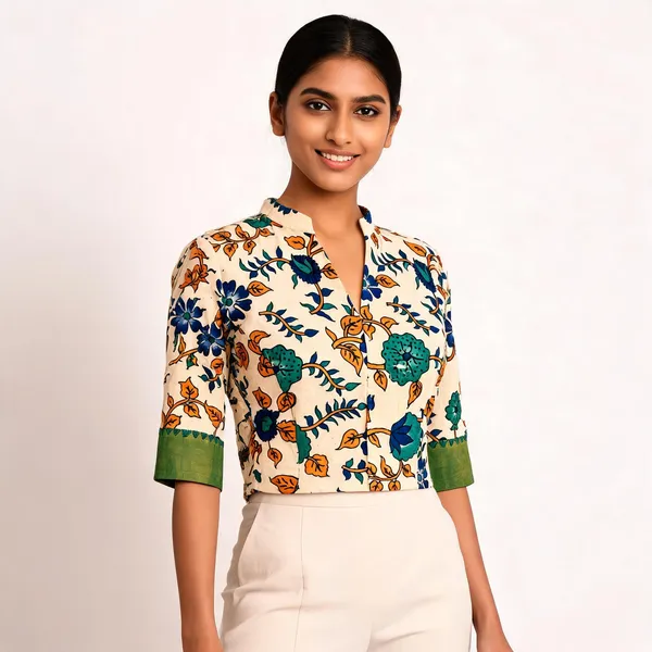 Cream_Cotton_Floral_Print_Cropped_Kalamkari_Blouse_For_Women