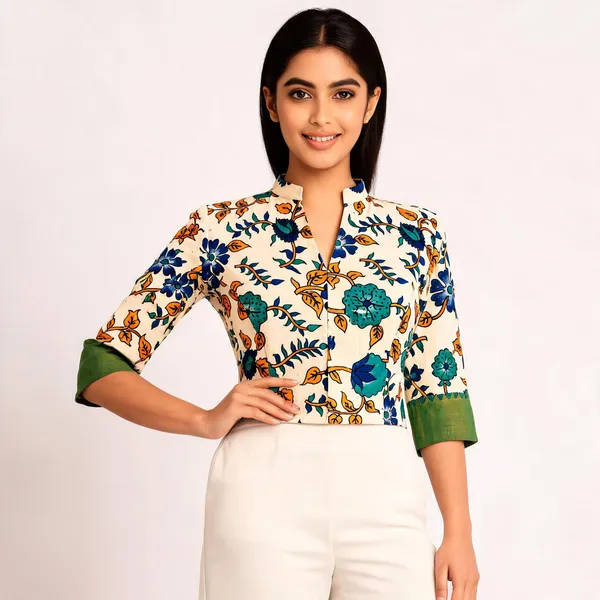 Cream_Cotton_Floral_Print_Cropped_Kalamkari_Blouse_For_Women