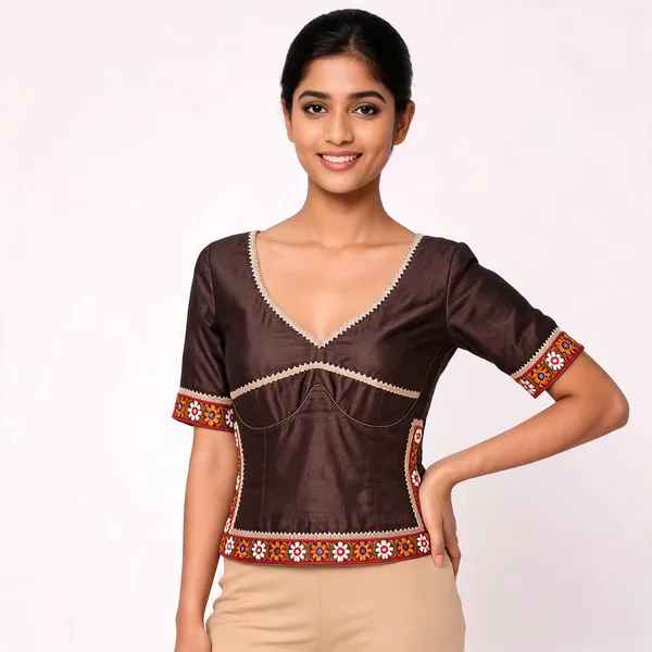 Dark_Brown_Gaji_Silk_Embroidered_Long_Blouse_For_Women