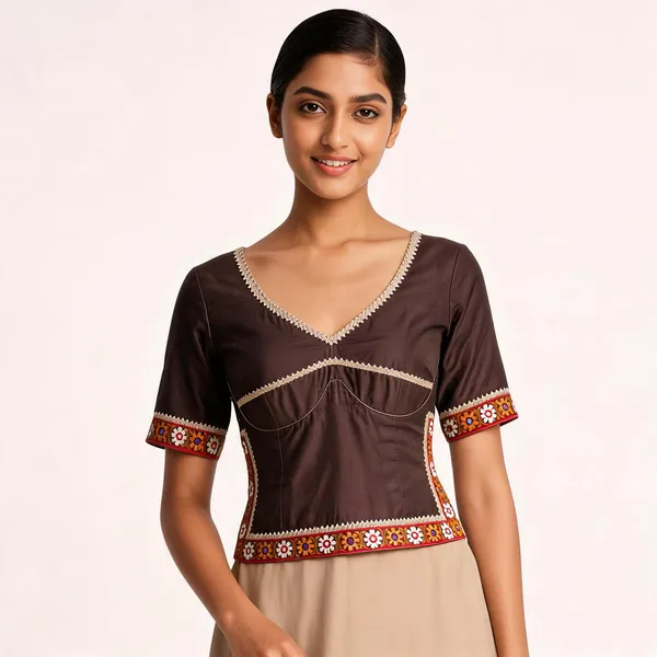 Dark_Brown_Gaji_Silk_Embroidered_Long_Blouse_For_Women
