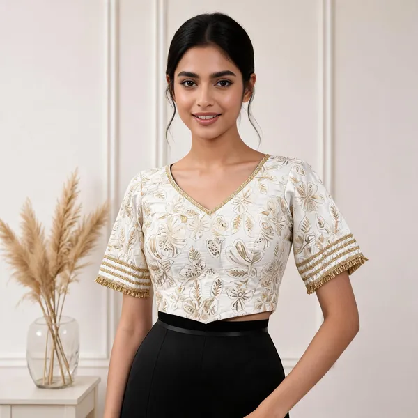 Off_White_Brocade_Embroidered_V-Neck_Blouse_For_Women