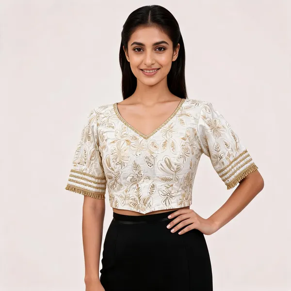 Off_White_Brocade_Embroidered_V-Neck_Blouse_For_Women