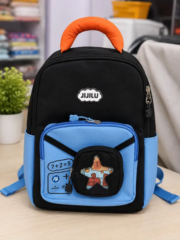 Black_and_Sky_Blue_Kids_Backpack_with_Cute_Character_Pocket