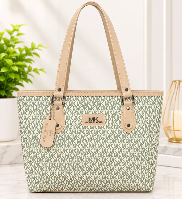 Beige_and_Olive_Green_Monogram_Printed_Tote_Bag