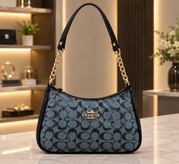 Elegant_Blue-Grey_Signature_Print_Shoulder_Bag_with_Gold_Chain