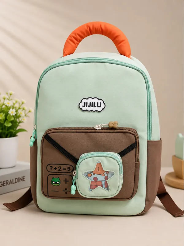 Mint_Green_and_Brown_Kids_Backpack_with_Cute_Character_Pocket