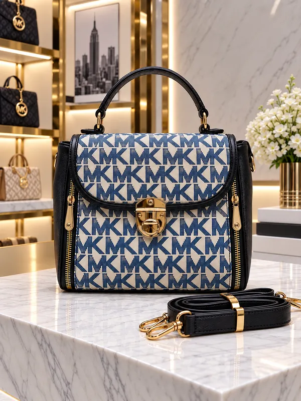 Premium_Navy_&_Cream_Patterned_Structured_Handbag