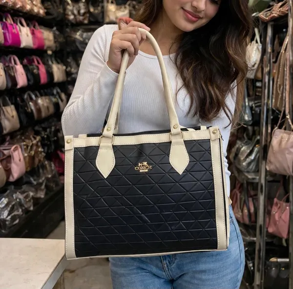 Black_&_Beige_PU_Leather_Tote_Bag_For_Women