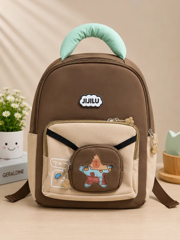 Coffee_Brown_Kids_Backpack_with_Cute_Character_Pocket