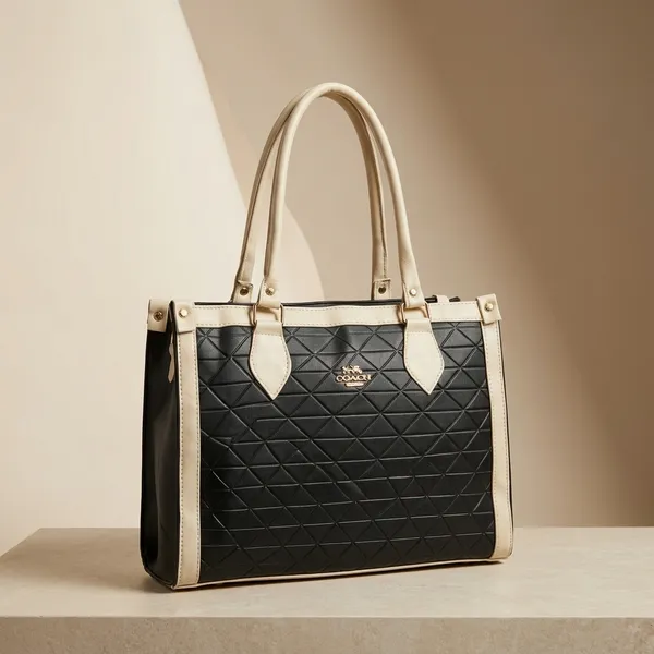 Black_&_Beige_PU_Leather_Tote_Bag_For_Women