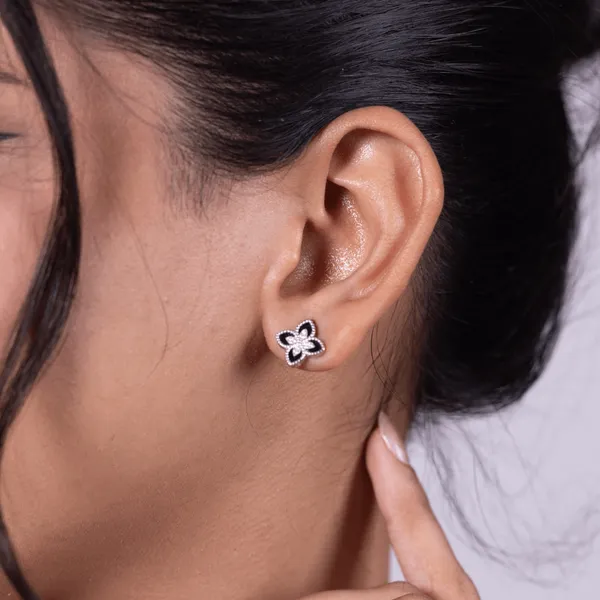Silver_And_Black_925_Sterling_Silver_Clover_Enamel_Stud_Earrings_For_Women