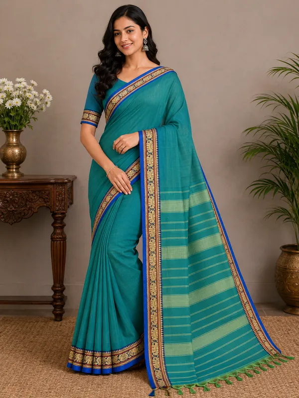 Dual_Tone_Elephant_Green_Small_Border_Narayanpet_Pure_Handloom_Cotton_Sarees_With_Running_Blouse_Piece_For_Women