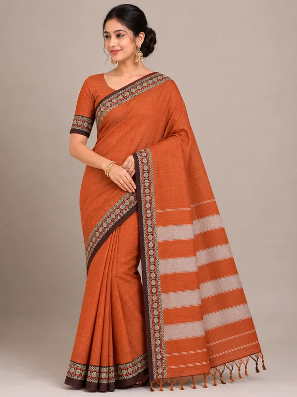Shraddha_Orange_Narayanapet_Pure_Handloom_Cotton_Saree_With_Running_Blouse_Piece_Same_Saree_Color_For_Women
