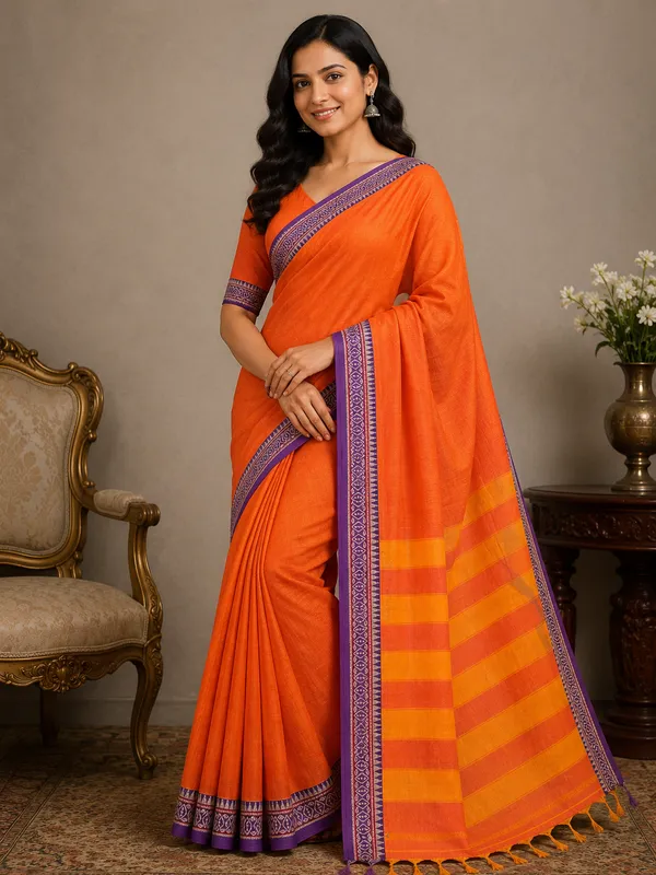 Rich_Orange_Small_Border_Narayanpet_Pure_Handloom_Cotton_Sarees_With_Running_Blouse_Piece_For_Women